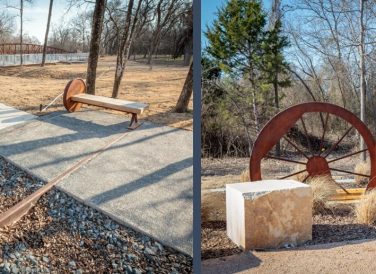 Park bench and railroad features at Historic Water Station Park in Allen, TX